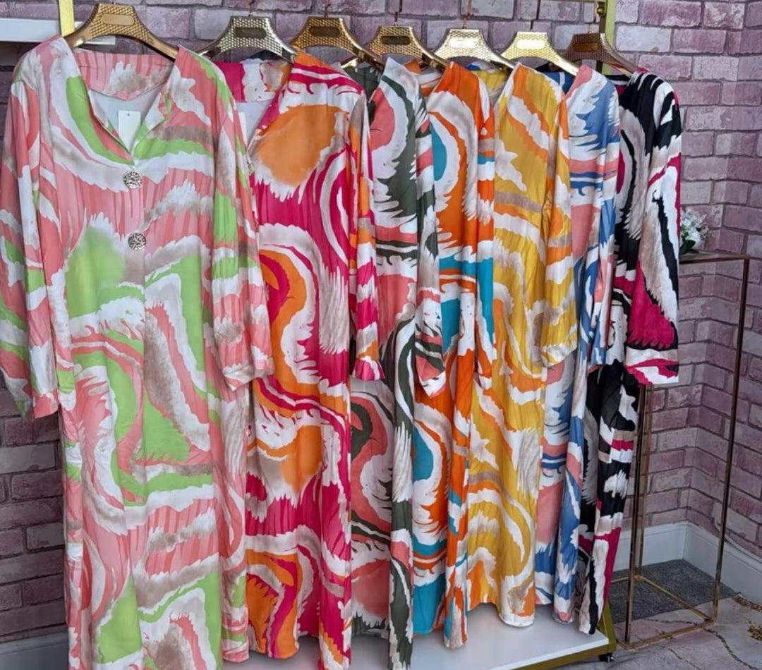 {Zahra} Marble Print Summer Dresses Light Weight Gold Button One Size UK 6-14 Length 52 inches Casual Womenswear