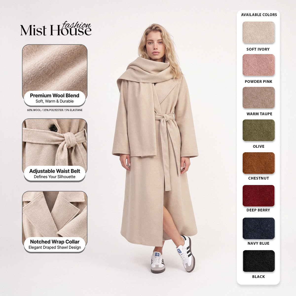 MH {AMANI} Deluxe Wool blend Two Piece Belted Trench With Detachable Scarf Coat, One Size Uk 10-20, Length 48 inches, chest25 inches