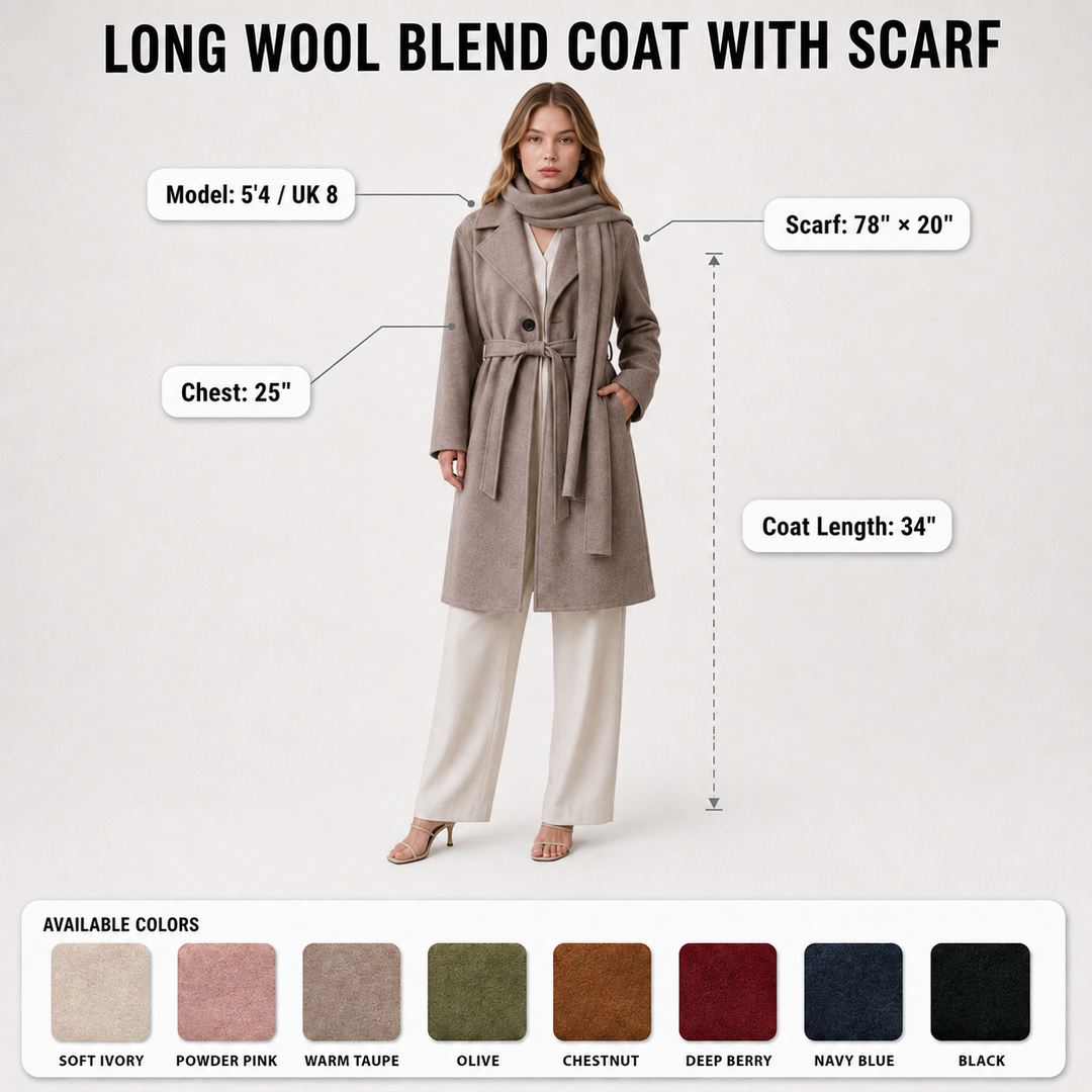 MH Deluxe Feels Like Wool Two Piece Belted Trench With Detachable Scarf Coat, One Size Uk 10-20, Length 34 inches, chest25 inches