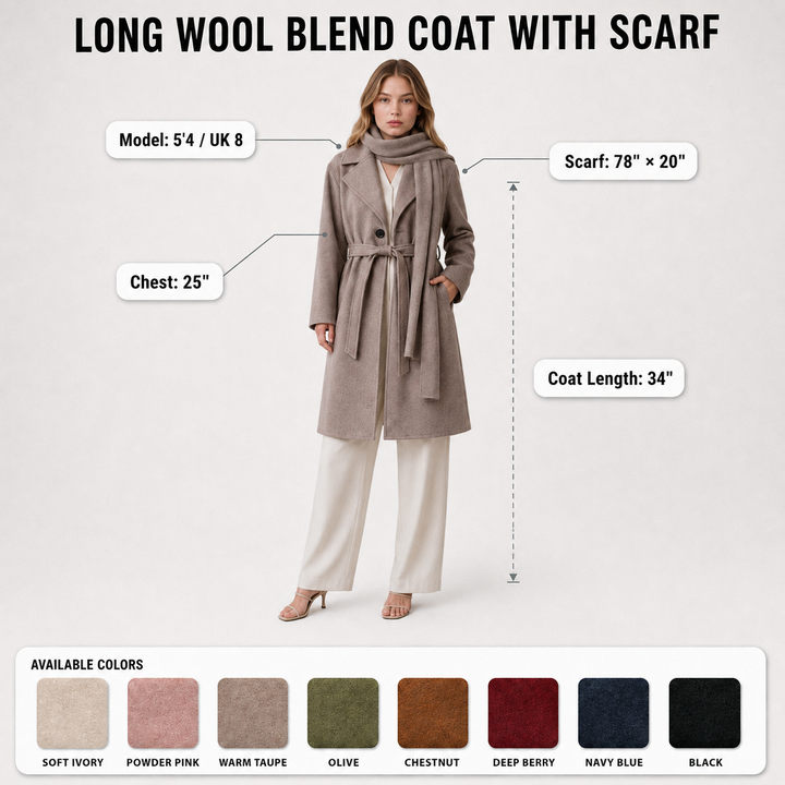 MH Deluxe Feels Like Wool Two Piece Belted Trench With Detachable Scarf Coat, One Size Uk 10-20, Length 34 inches, chest25 inches