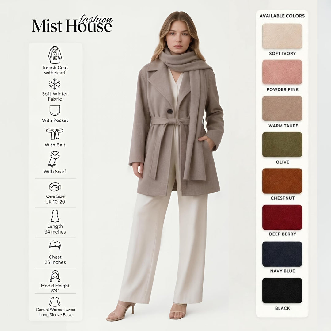 MH Deluxe Feels Like Wool Two Piece Belted Trench With Detachable Scarf Coat, One Size Uk 10-20, Length 34 inches, chest25 inches