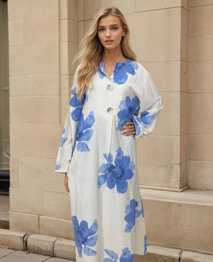 Floral Print Maxi Summer Dress 51" One Size UK 6-14 2 Gold Buttons Casual Womenswear Clover Pattern