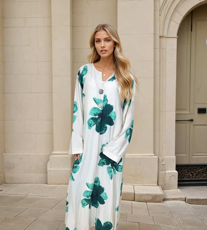 Floral Print Maxi Summer Dress 51" One Size UK 6-14 2 Gold Buttons Casual Womenswear Clover Pattern