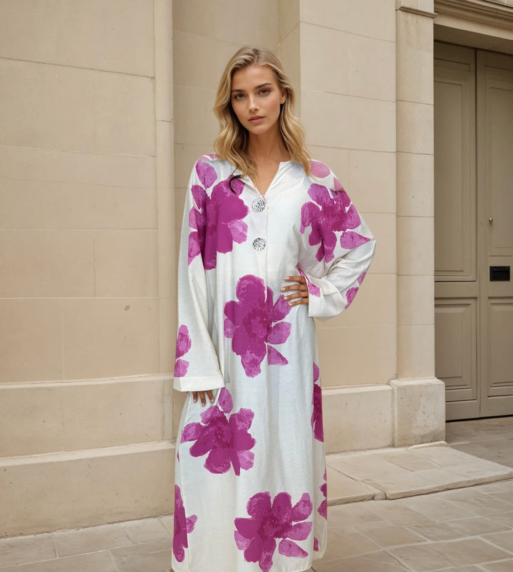 Floral Print Maxi Summer Dress 51" One Size UK 6-14 2 Gold Buttons Casual Womenswear Clover Pattern