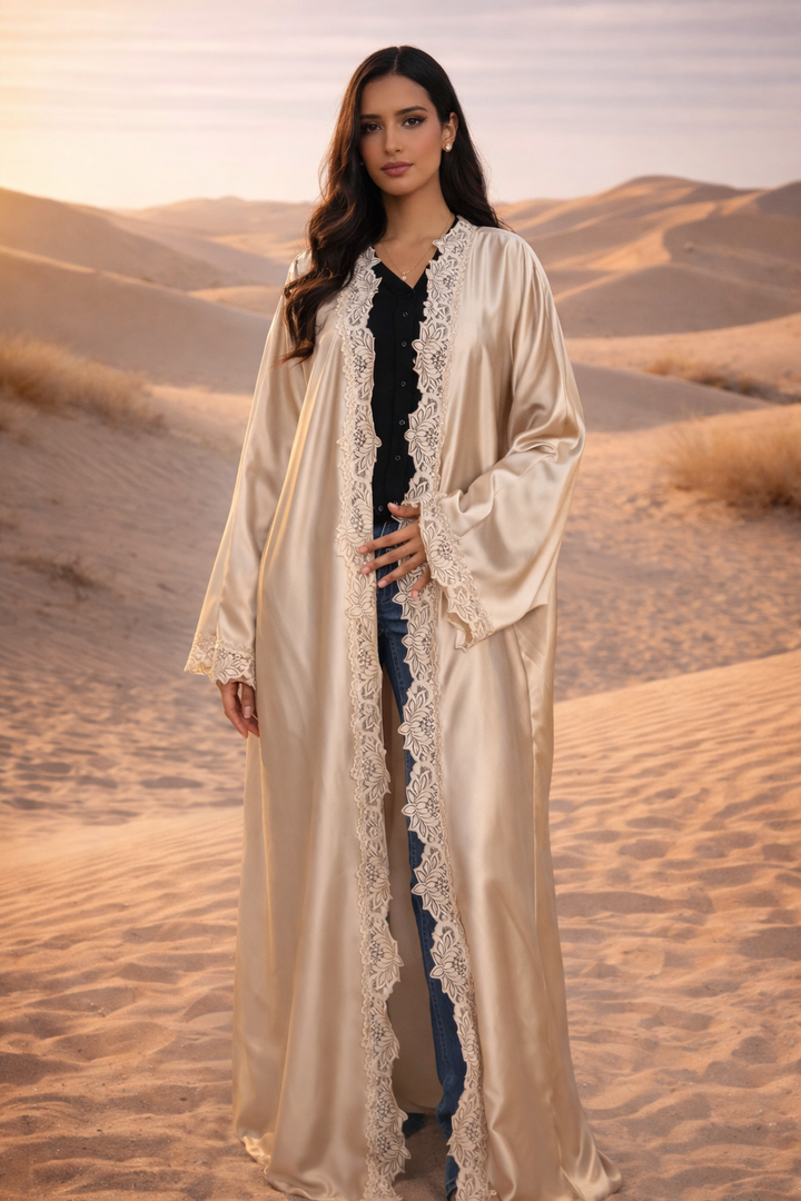 MH Silk Satin Laced Open Abaya, One Size UK 8-20, Length 54 inches, Chest Size 30 inches
