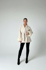 Mist House Fashion Women's Premium Lapel Coat with Faux Fur Sleeves, Belt & Pockets