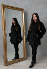 Mist House Fashion Women's Premium Lapel Coat with Faux Fur Sleeves, Belt & Pockets