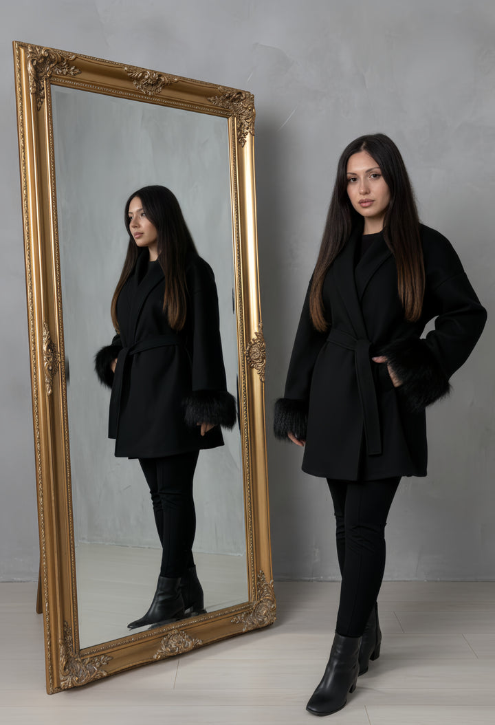 Mist House Fashion Women's Premium Lapel Coat with Faux Fur Sleeves, Belt & Pockets - Women's Jacket - Womenswear, Jackets