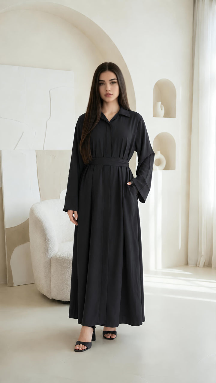 MH Collar Dress with open buttons, Pockets and Belt, One Size UK 8-16, Dress Length 54 inches, Chest Size 23 inches,  Casual Womenswear Summer Maxi Basic Collared Long Sleeve