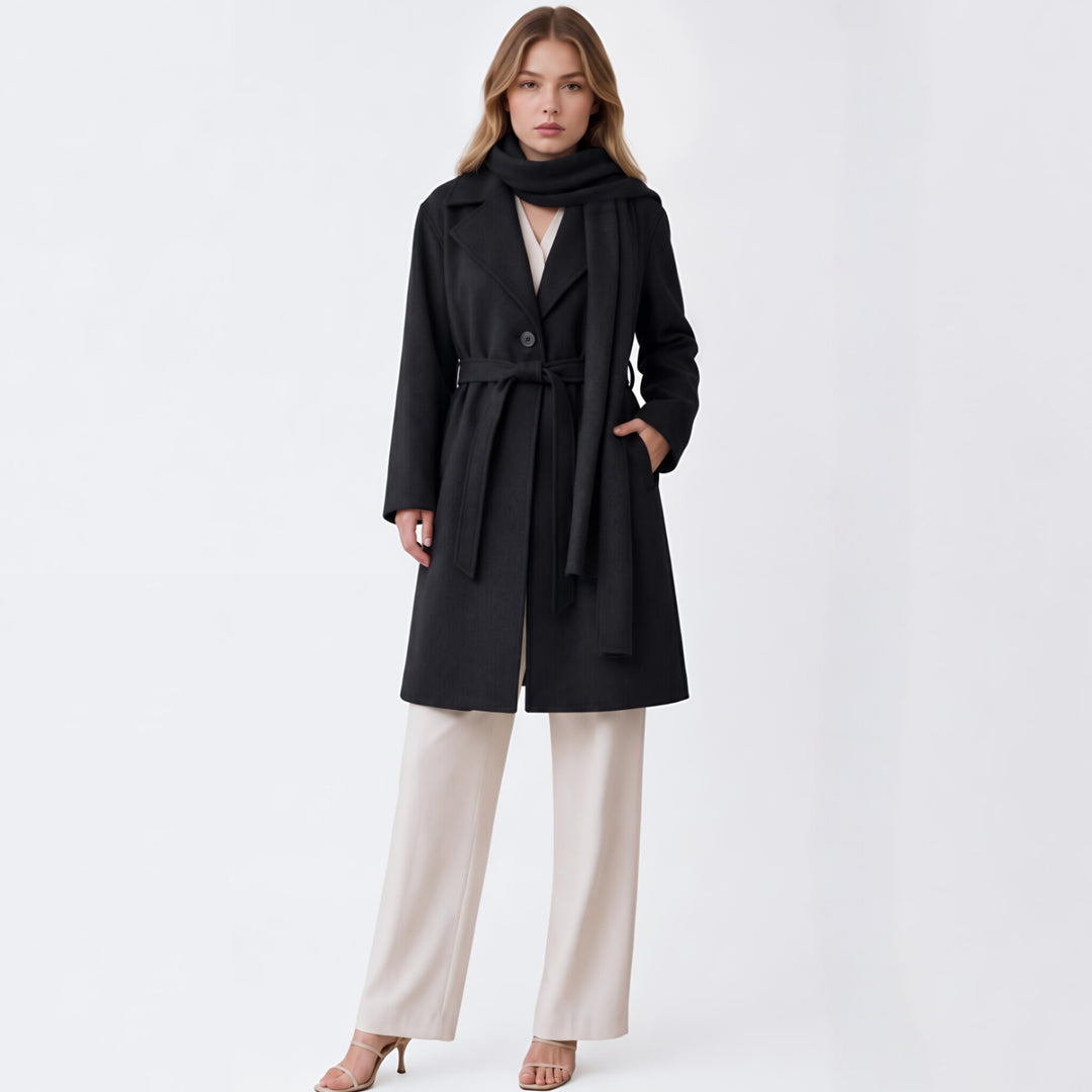MH Deluxe Feels Like Wool Two Piece Belted Trench With Detachable Scarf Coat, One Size Uk 10-20, Length 34 inches, chest25 inches