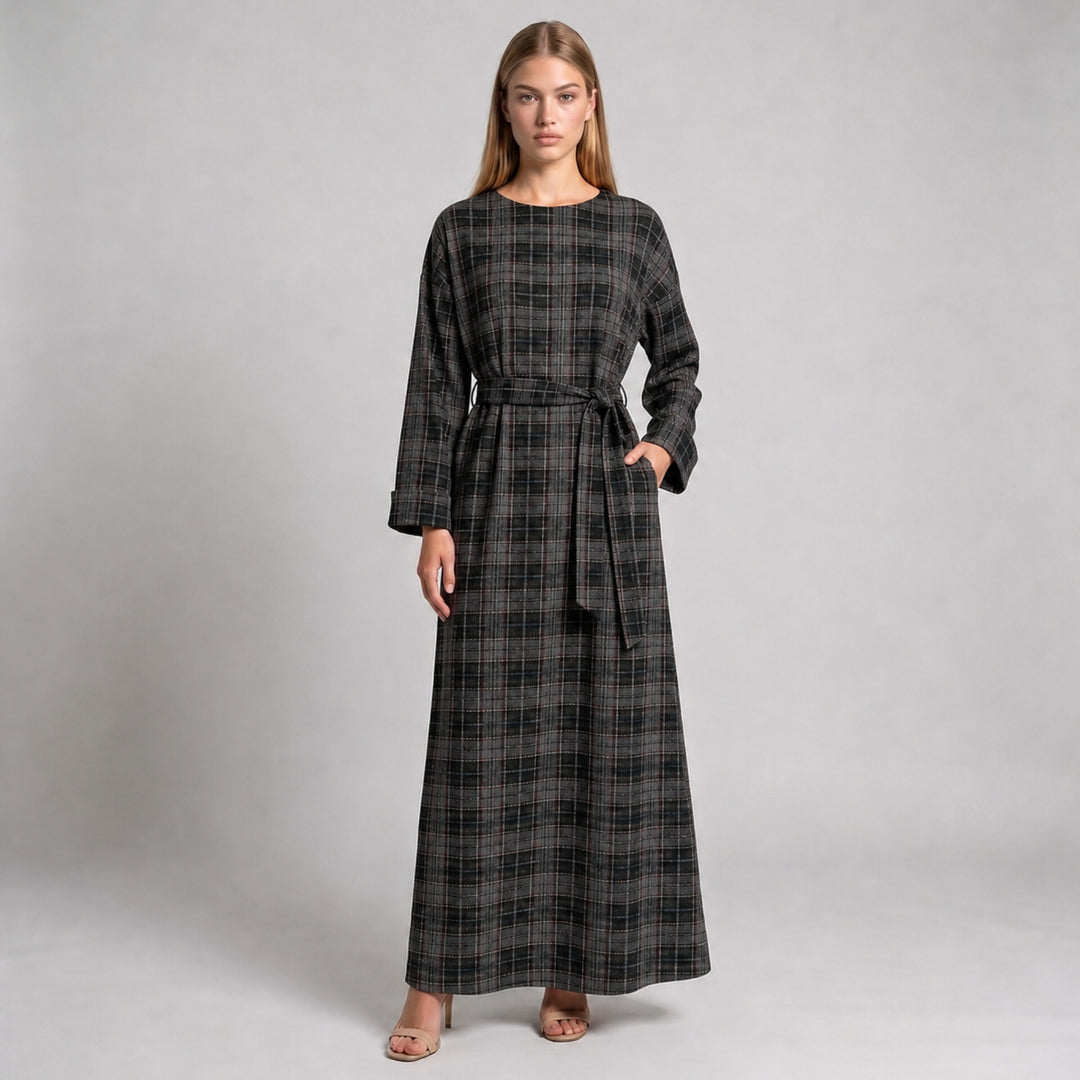 MH Premium Check Long Dress with Pockets and Belt, One Size UK 8-16/18, Dress length 54 inches & Chest 23 inches,  Casual Womenswear