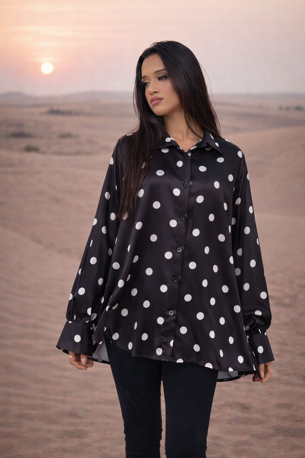 MH Silk Satin Collared Neck Polka Dot Shirt, One Size UK 8 to 18, length 25 inches, chest size 24 inches Top Womenswear Collared