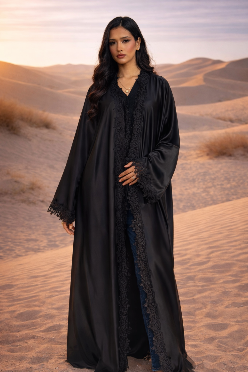 MH Silk Satin Laced Open Abaya, One Size UK 8-20, Length 54 inches, Chest Size 30 inches