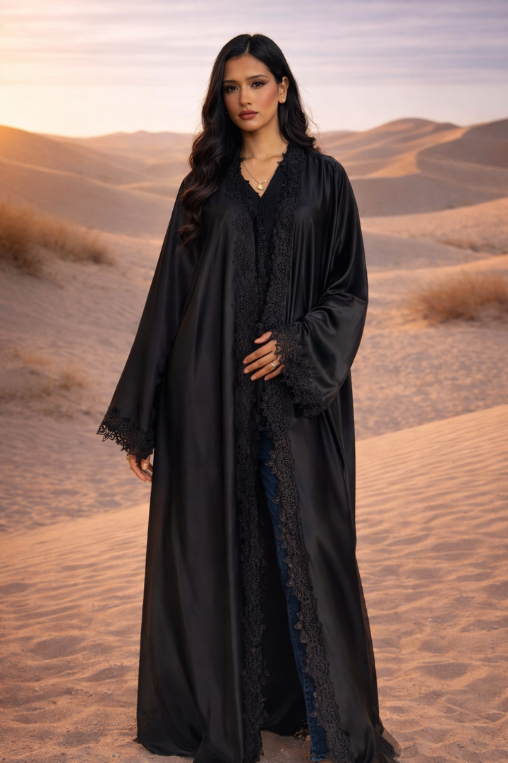 MH Silk Satin Laced Open Abaya, One Size UK 8-20, Length 54 inches, Chest Size 30 inches