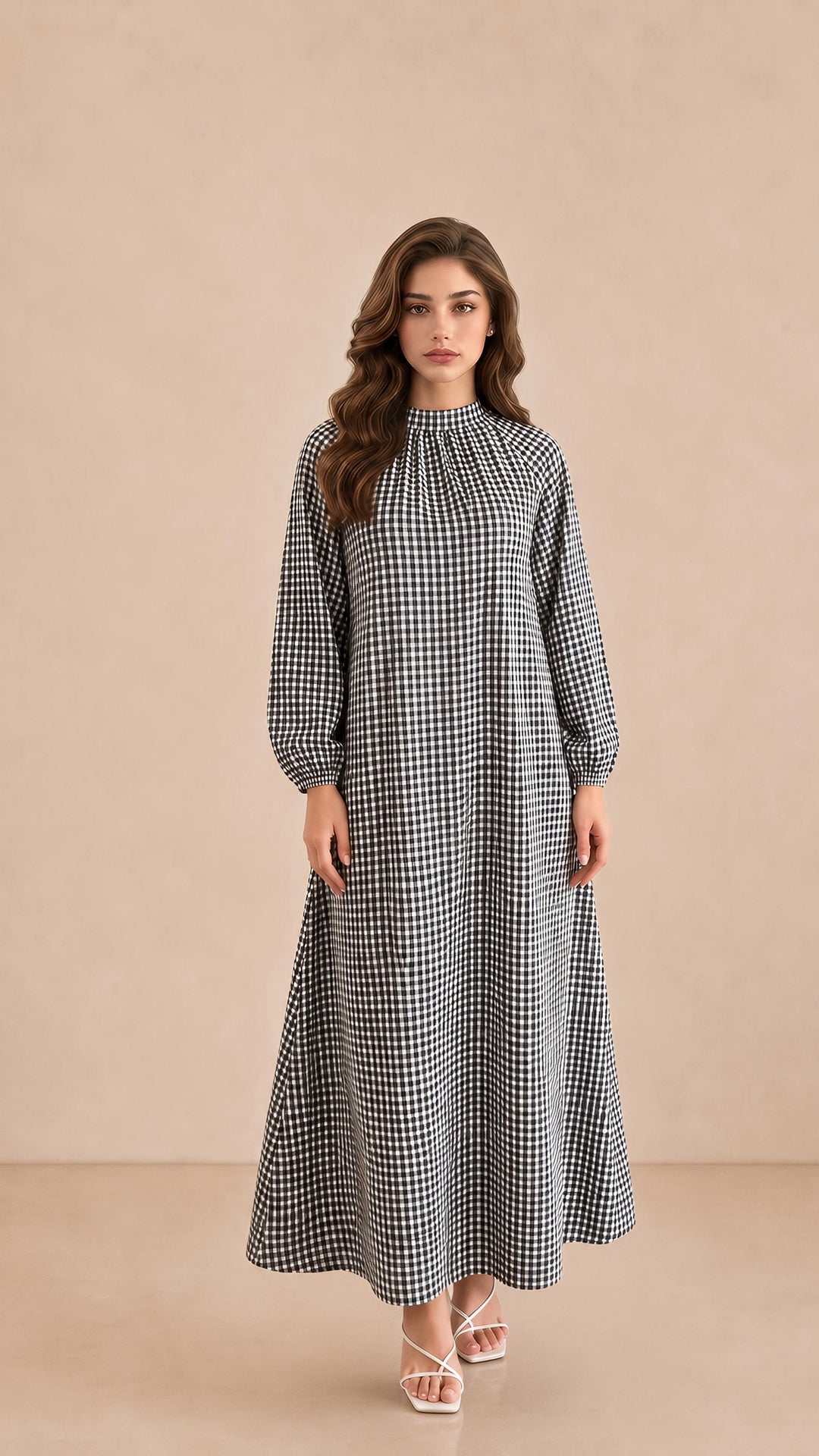 MH Check Dress, One Size UK 10-20, Dress length 54 inches, Chest Size 26 inches,  Casual Womenswear Summer Long Sleeve Maxi