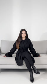 Mist House Fashion Women's Premium Lapel Coat with Faux Fur Sleeves, Belt & Pockets