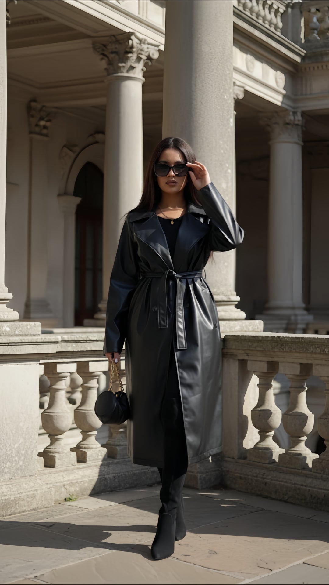 Leather Trench Coat WITH BELT & POCKETS Faux Leather