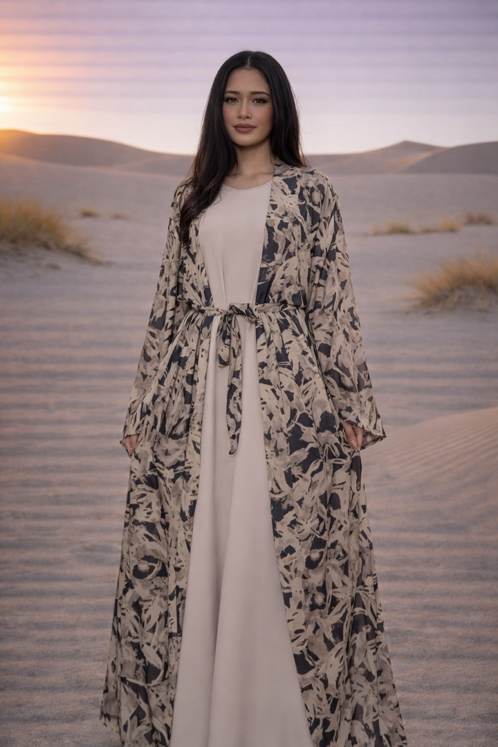 MH Layaan Silk Two Piece Abaya with Belt, One Size UK 10-20, 56 Inches Long, Inner chest Size 23 inches, Outer chest 26 inches