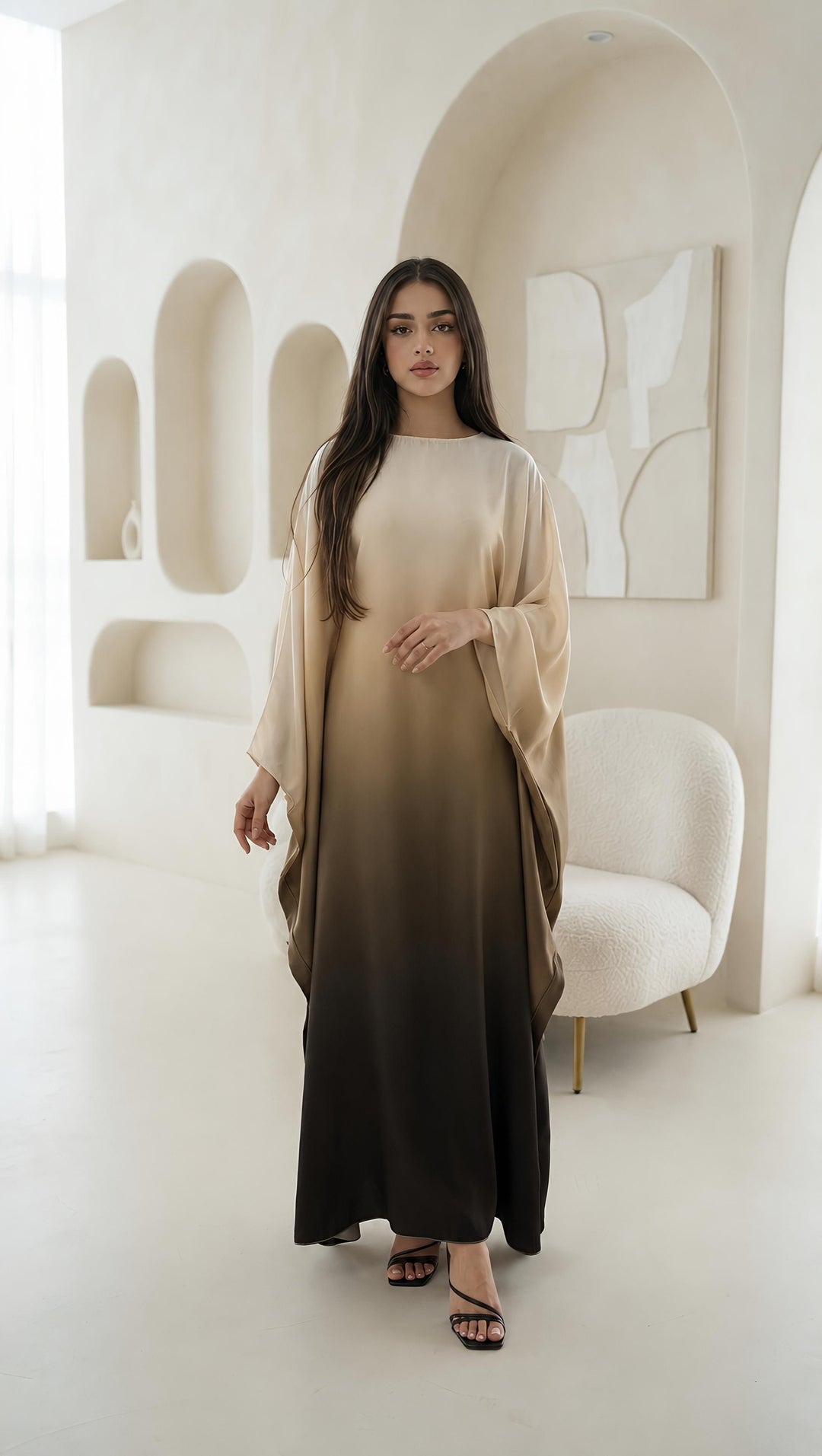 Ombré Luxe Satin Batwing Kaftan Abaya Dress One Size (UK 6-26) With Inside Belt Length 54 inches Inside Belt