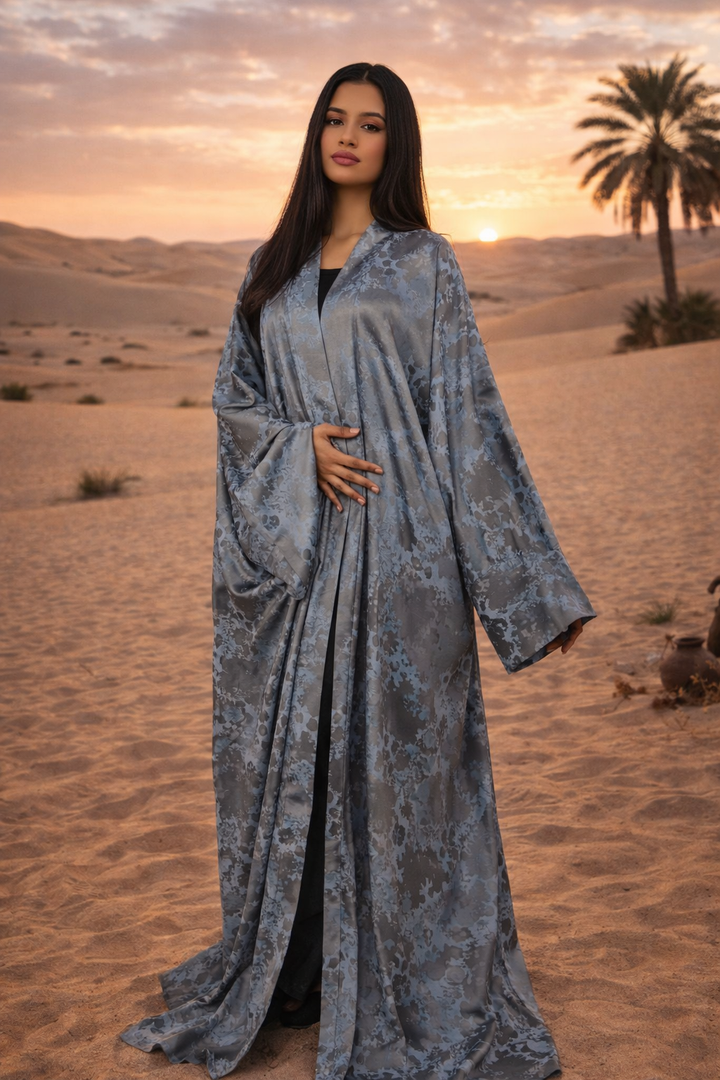 MH Satin Marble Charmeuse Silk Open Abaya, One Size UK 10-22, Length 54 inches, Chest size 37 inches