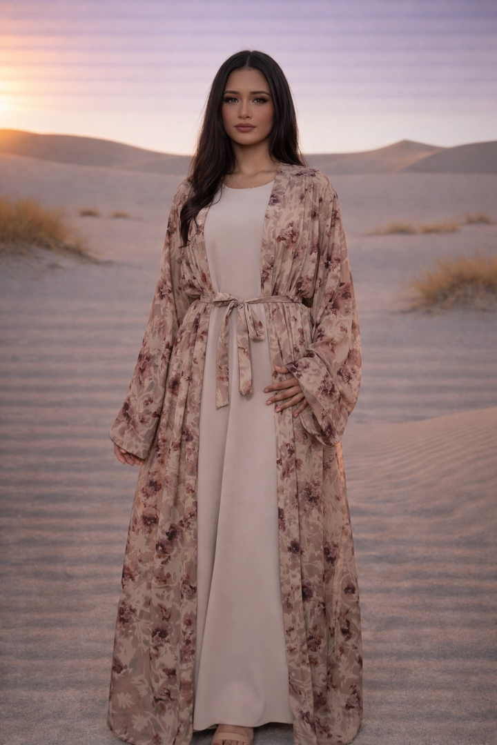 MH Layaan Silk Two Piece Abaya with Belt, One Size UK 10-20, 56 Inches Long, Inner chest Size 23 inches, Outer chest 26 inches