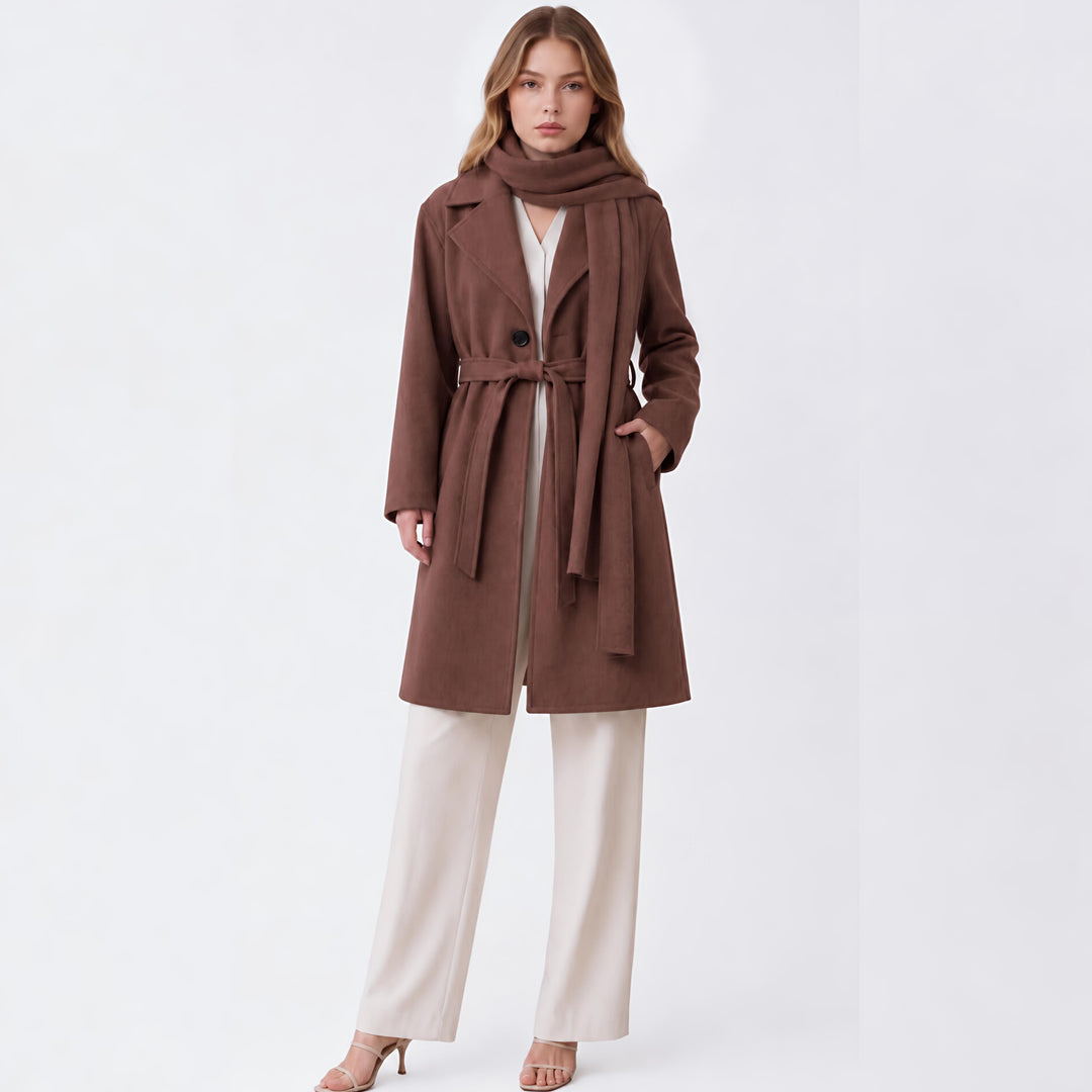 MH Deluxe Feels Like Wool Two Piece Belted Trench With Detachable Scarf Coat, One Size Uk 10-20, Length 34 inches, chest25 inches