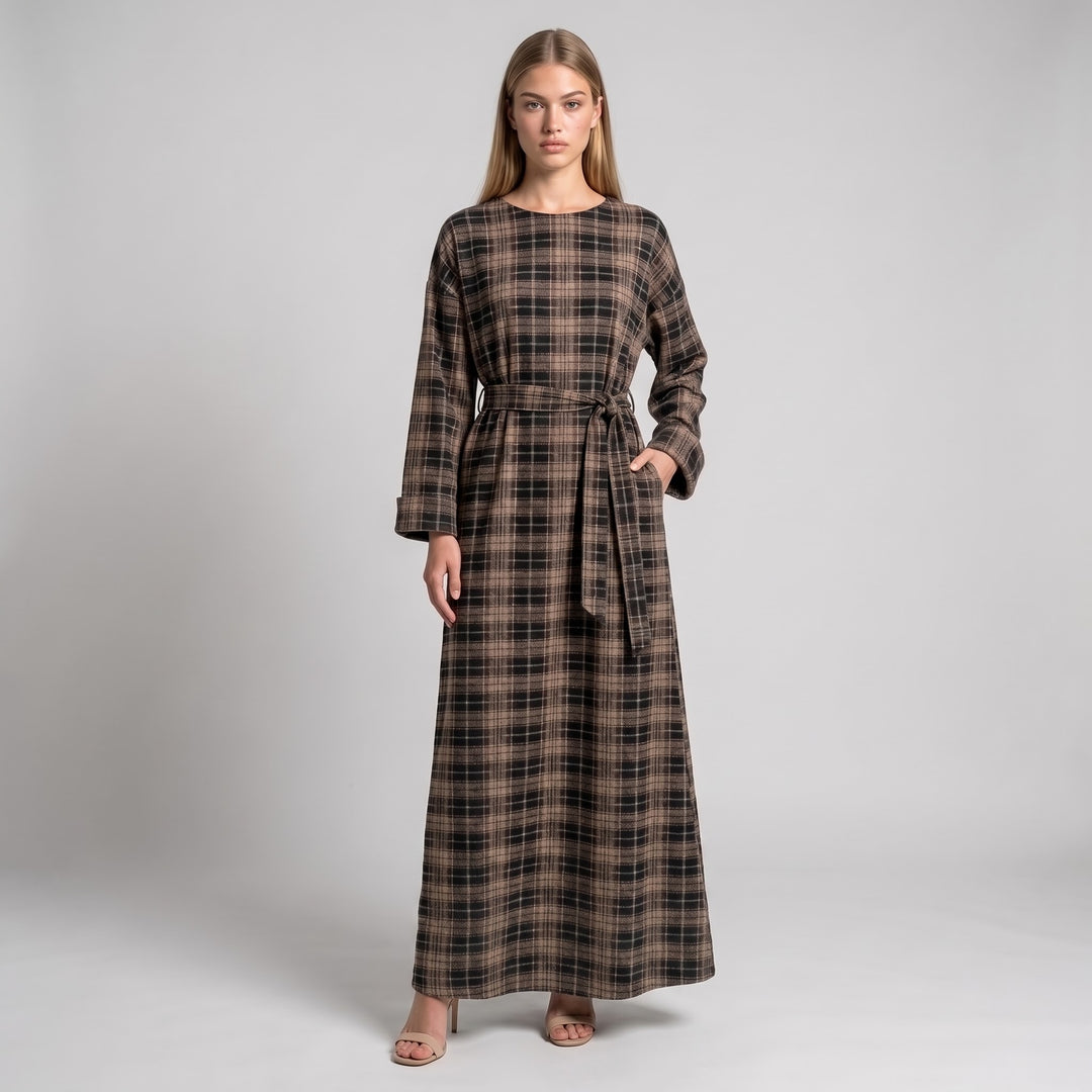 MH Premium Check Long Dress with Pockets and Belt, One Size UK 8-16/18, Dress length 54 inches & Chest 23 inches,  Casual Womenswear