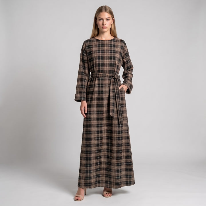 MH Premium Check Long Dress with Pockets and Belt, One Size UK 8-16/18, Dress length 54 inches & Chest 23 inches,  Casual Womenswear