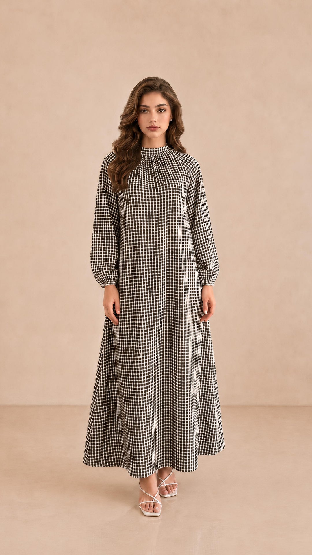 MH Check Dress, One Size UK 10-20, Dress length 54 inches, Chest Size 26 inches,  Casual Womenswear Summer Long Sleeve Maxi