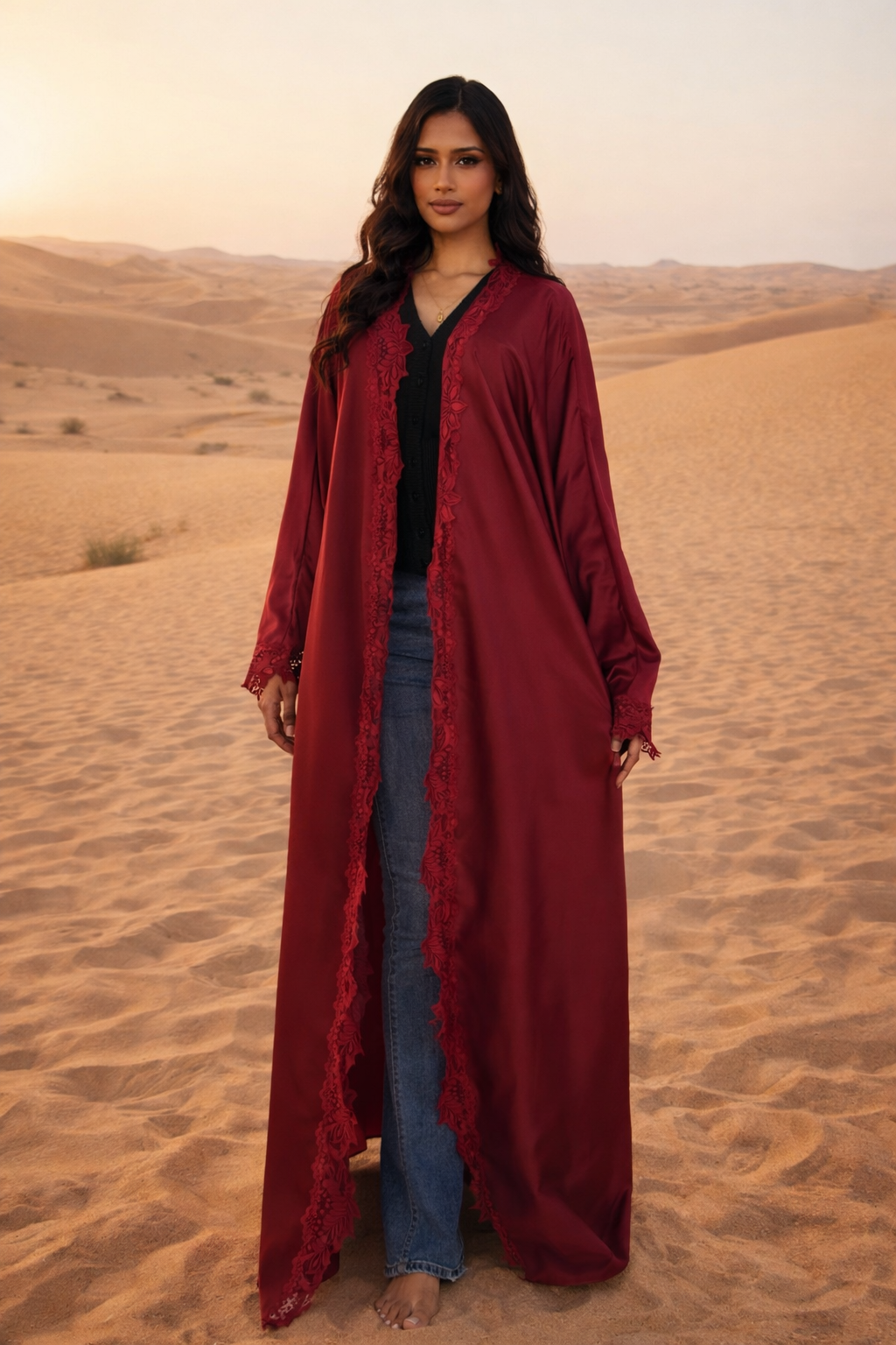 MH Silk Satin Laced Open Abaya, One Size UK 8-20, Length 54 inches, Chest Size 30 inches