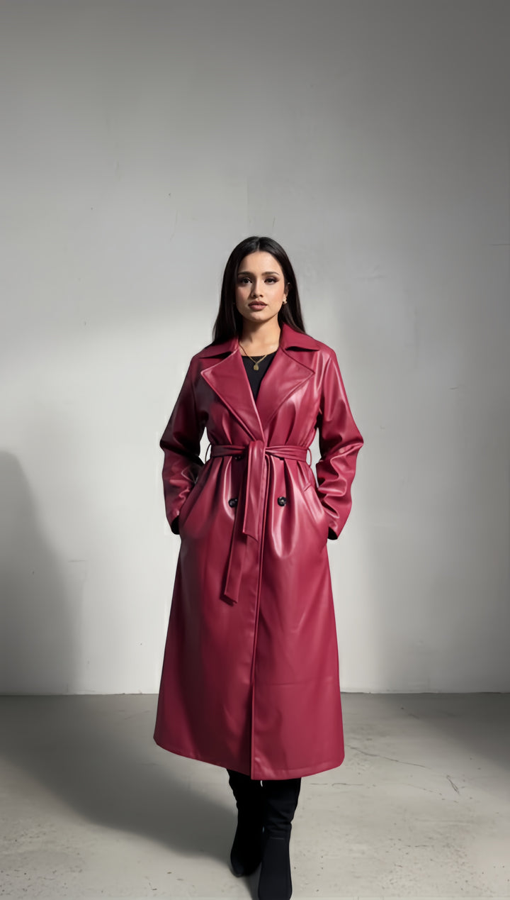 Leather Trench Coat WITH BELT & POCKETS Faux Leather