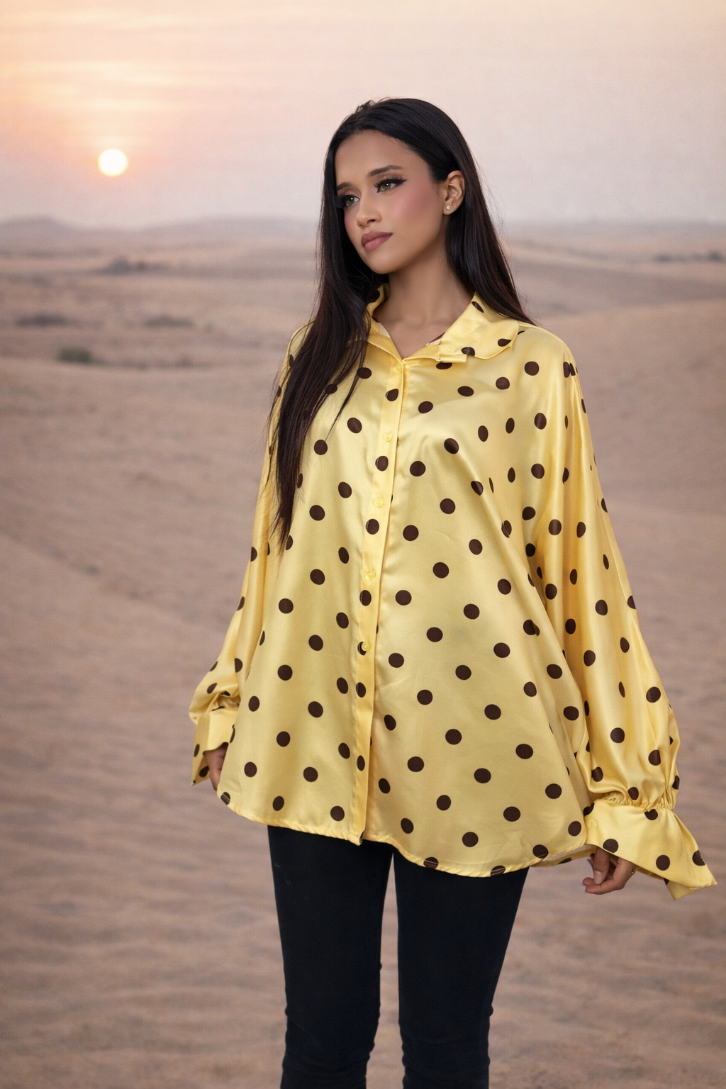 MH Silk Satin Collared Neck Polka Dot Shirt, One Size UK 8 to 18, length 25 inches, chest size 24 inches Top Womenswear Collared