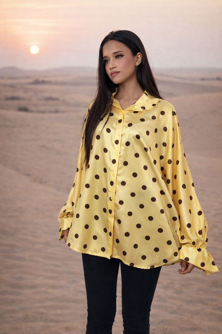 MH Silk Satin Collared Neck Polka Dot Shirt, One Size UK 8 to 18, length 25 inches, chest size 24 inches Top Womenswear Collared