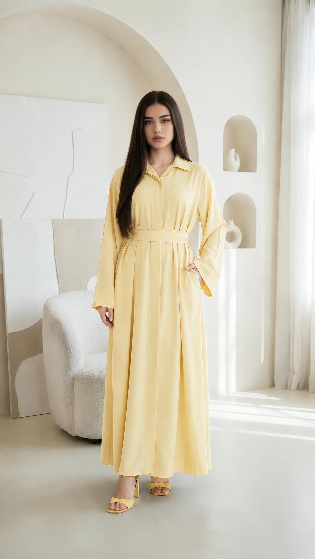 MH Collar Dress with open buttons, Pockets and Belt, One Size UK 8-16, Dress Length 54 inches, Chest Size 23 inches,  Casual Womenswear Summer Maxi Basic Collared Long Sleeve