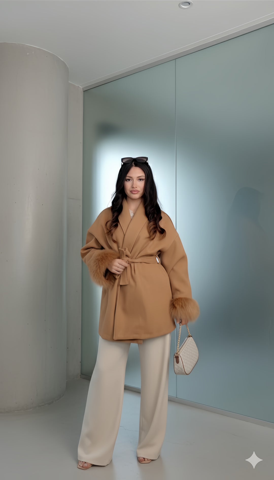 Mist House Fashion Women's Premium Lapel Coat with Faux Fur Sleeves, Belt & Pockets - Women's Jacket - Womenswear, Jackets