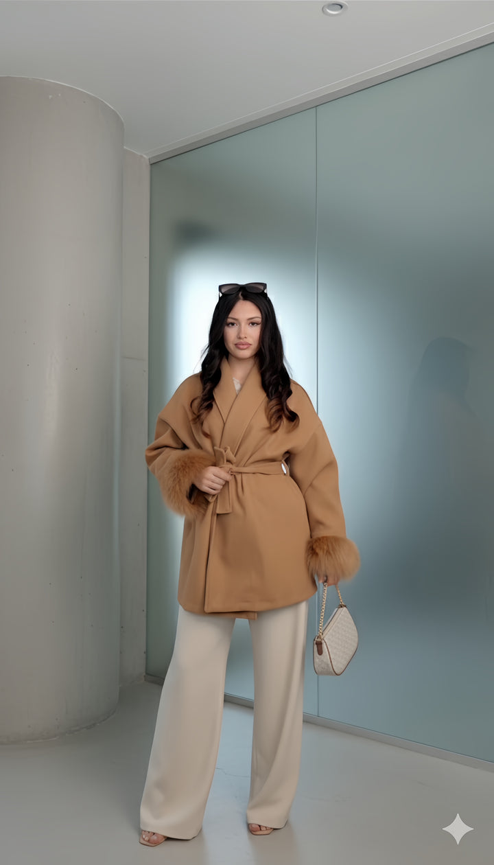Mist House Fashion Women's Premium Lapel Coat with Faux Fur Sleeves, Belt & Pockets - Women's Jacket - Womenswear, Jackets