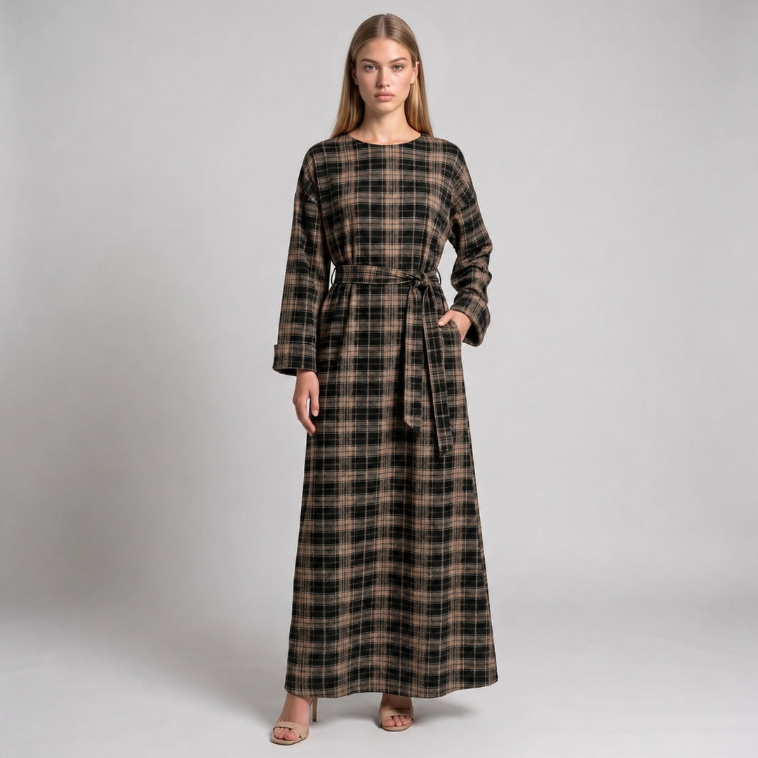 MH Premium Check Long Dress with Pockets and Belt, One Size UK 8-16/18, Dress length 54 inches & Chest 23 inches,  Casual Womenswear
