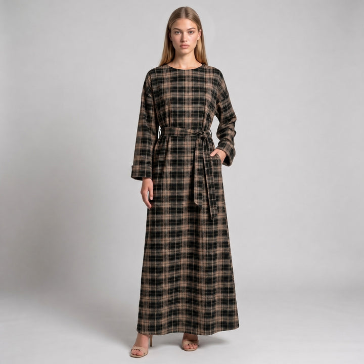 MH Premium Check Long Dress with Pockets and Belt, One Size UK 8-16/18, Dress length 54 inches & Chest 23 inches,  Casual Womenswear