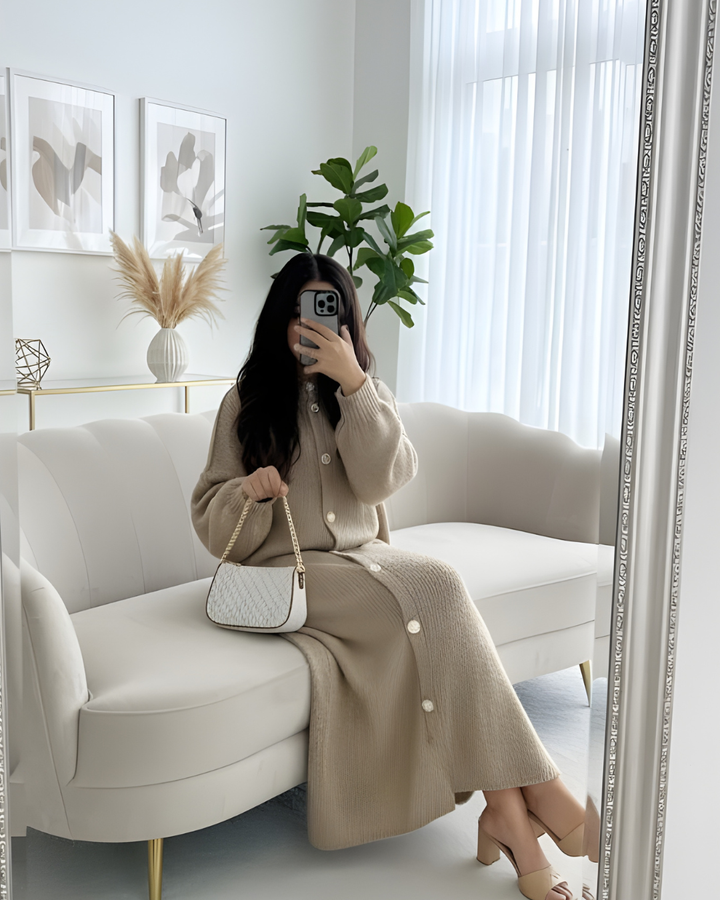 Mist House Eliana Wool Knit Long Gold Button Cardigan One Size UK 10-22 , Stretchable length 45 inches, bust size 26 inchess Knitwear Womenswear Knitting Long Sleeve