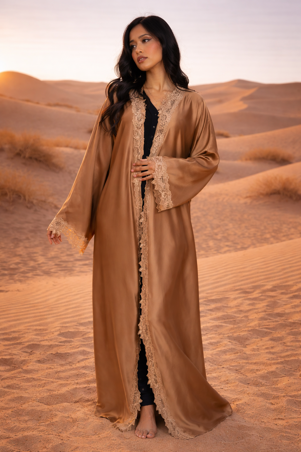 MH Silk Satin Laced Open Abaya, One Size UK 8-20, Length 54 inches, Chest Size 30 inches