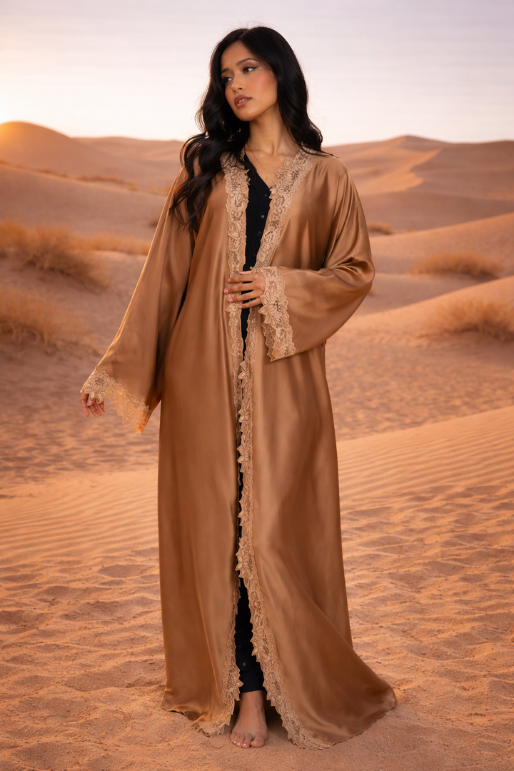 MH Silk Satin Laced Open Abaya, One Size UK 8-20, Length 54 inches, Chest Size 30 inches