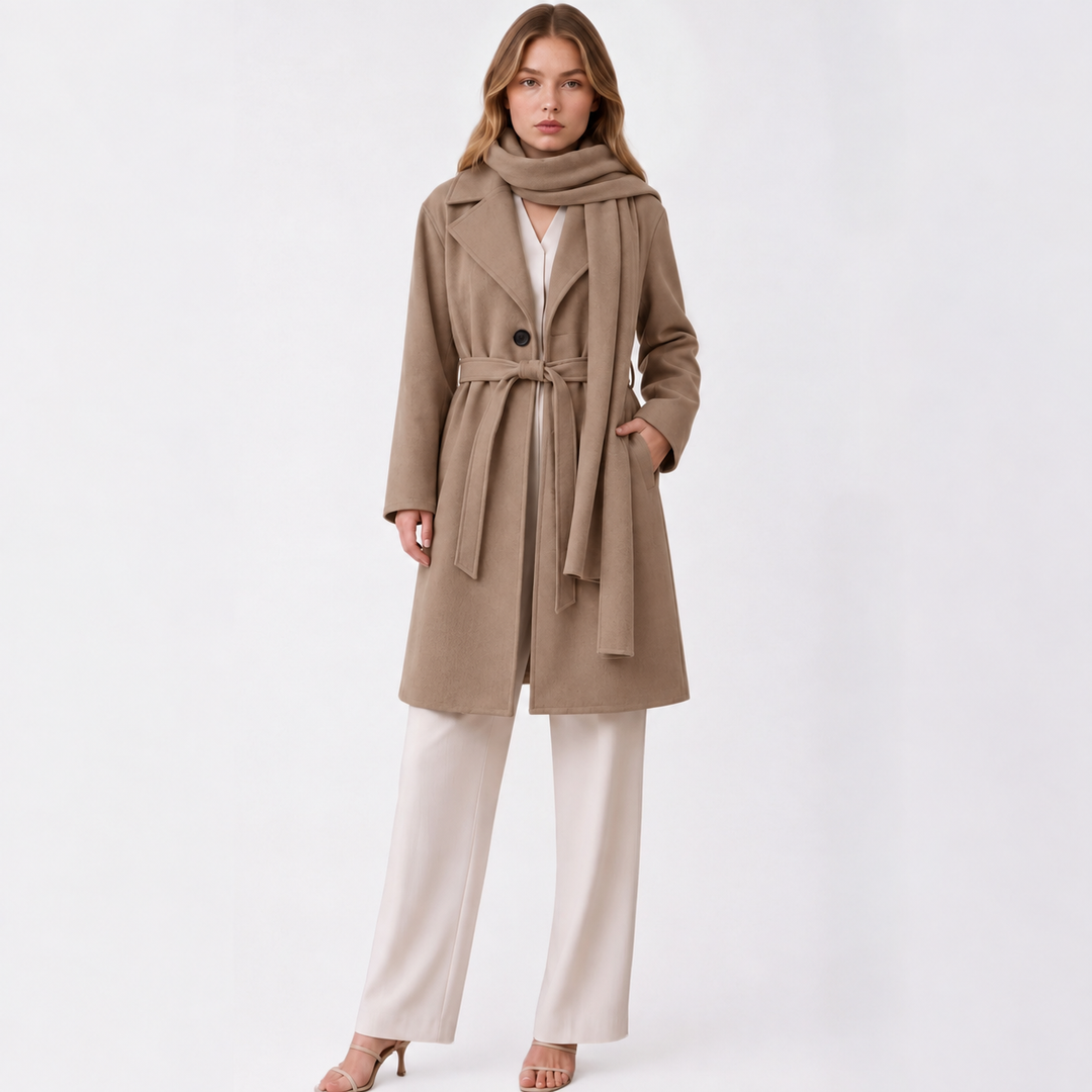 MH Deluxe Feels Like Wool Two Piece Belted Trench With Detachable Scarf Coat, One Size Uk 10-20, Length 34 inches, chest25 inches