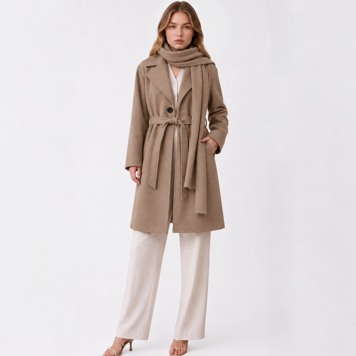 MH Deluxe Feels Like Wool Two Piece Belted Trench With Detachable Scarf Coat, One Size Uk 10-20, Length 34 inches, chest25 inches