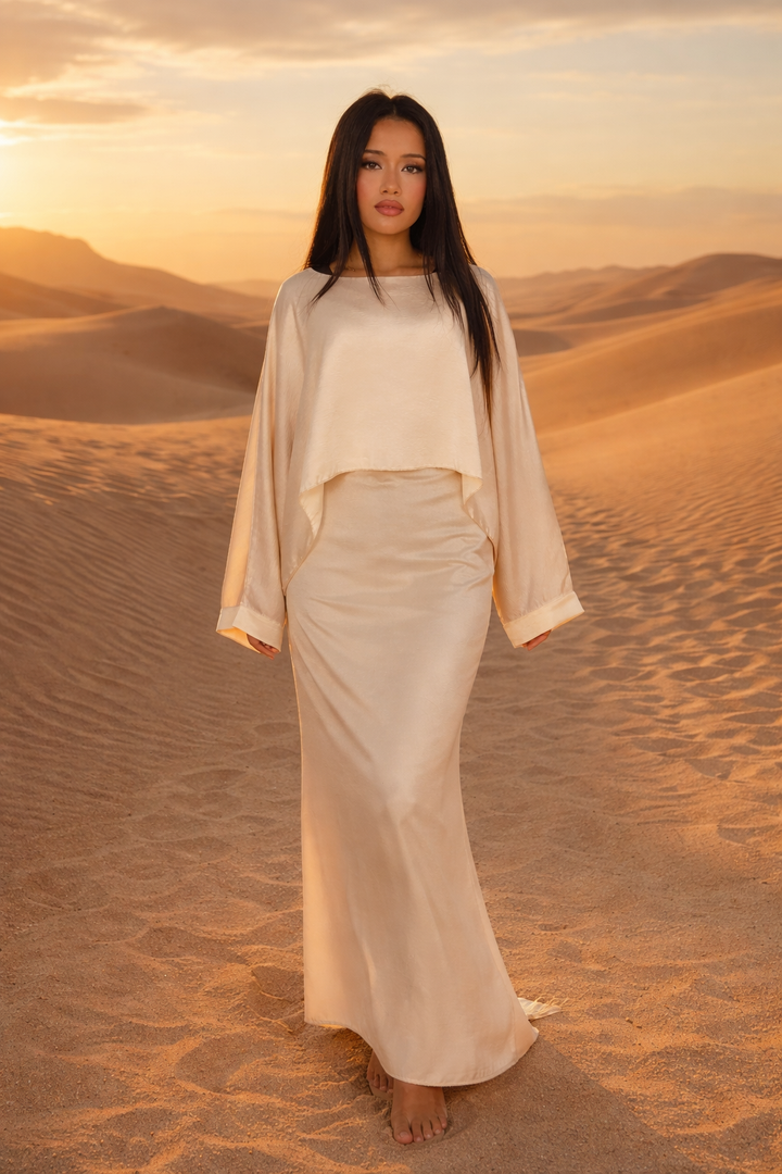 MH Cape/Overlay Maxi Dress Silk Crepe , One Size UK 8-16, Dress length 54 inches, Chest Size 23 inches