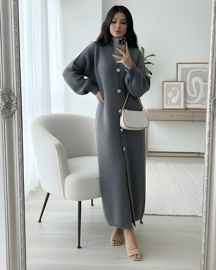 Mist House Eliana Wool Knit Long Gold Button Cardigan One Size UK 10-22 , Stretchable length 45 inches, bust size 26 inchess Knitwear Womenswear Knitting Long Sleeve