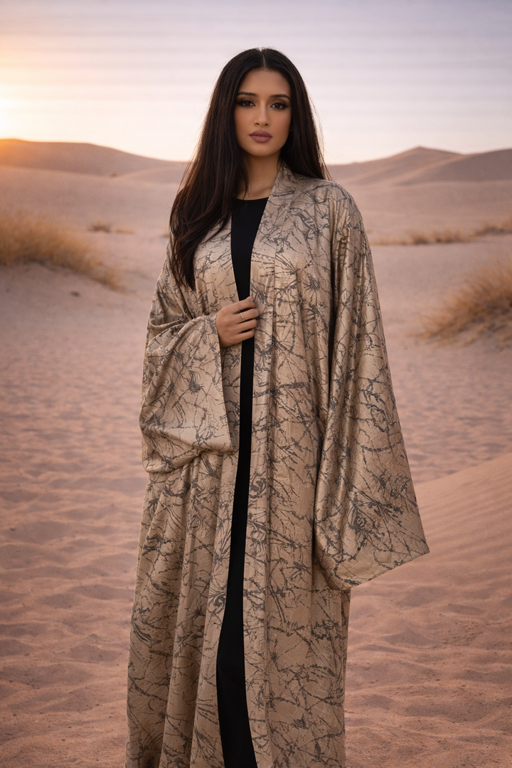 MH Satin Marble Charmeuse Silk Open Abaya, One Size UK 10-22, Length 54 inches, Chest size 37 inches