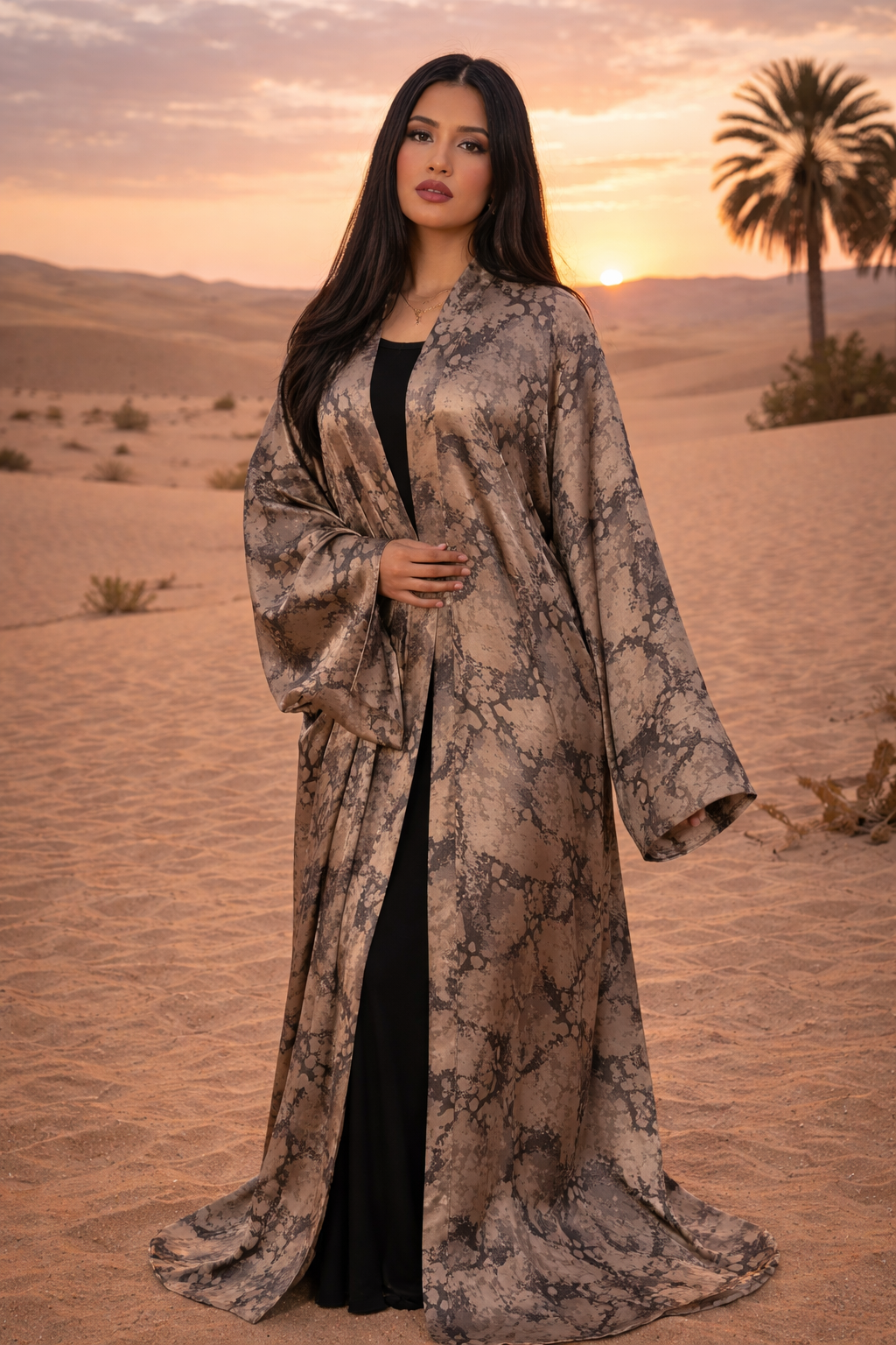 MH Satin Marble Charmeuse Silk Open Abaya, One Size UK 10-22, Length 54 inches, Chest size 37 inches