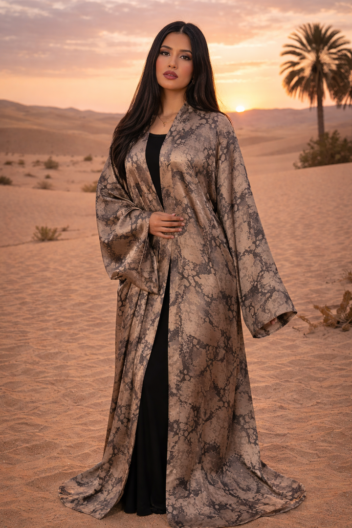 MH Satin Marble Charmeuse Silk Open Abaya, One Size UK 10-22, Length 54 inches, Chest size 37 inches