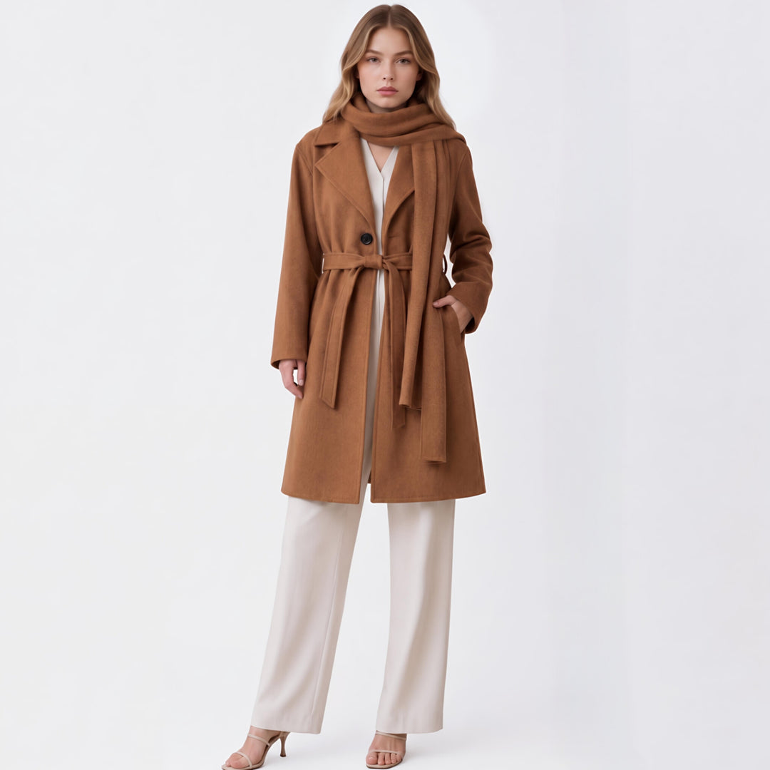 MH Deluxe Feels Like Wool Two Piece Belted Trench With Detachable Scarf Coat, One Size Uk 10-20, Length 34 inches, chest25 inches