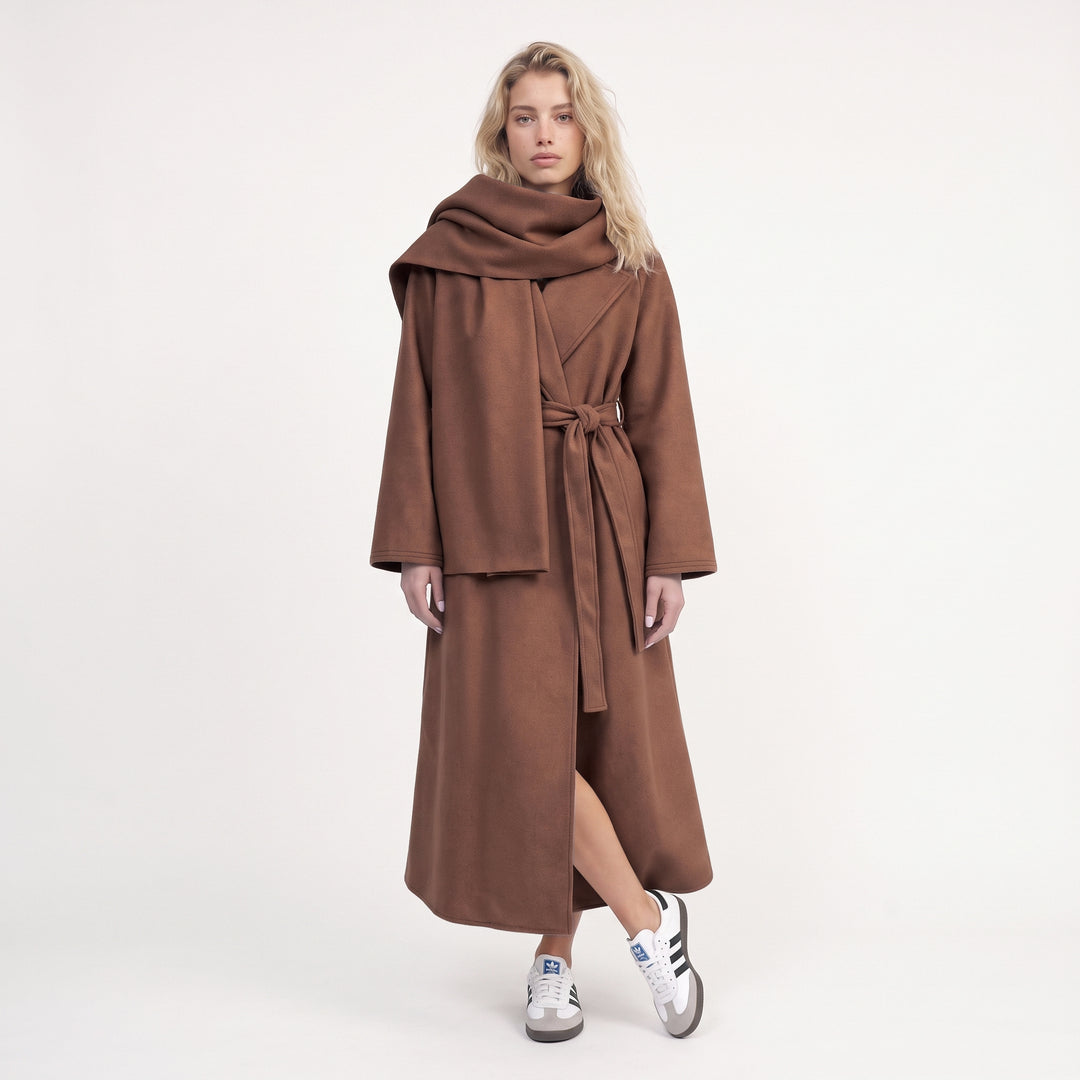 MH {AMANI} Deluxe Wool blend Two Piece Belted Trench With Detachable Scarf Coat, One Size Uk 10-20, Length 48 inches, chest25 inches